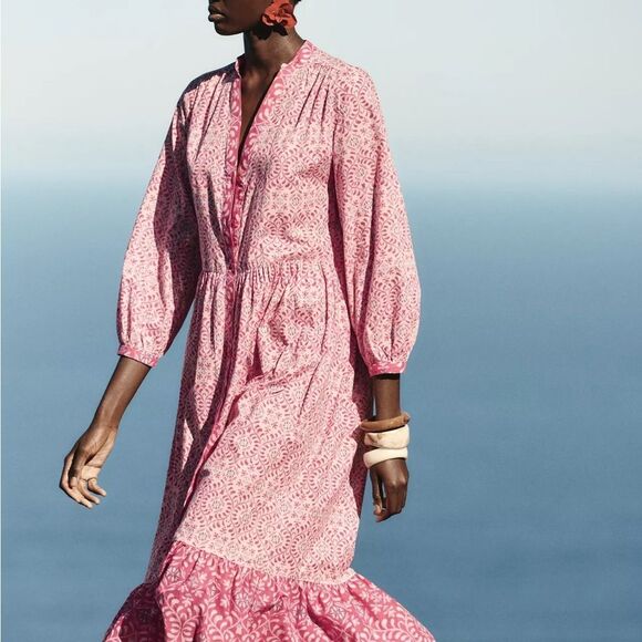 ZARA BOHO PRINTED MIDI RUFFLED DRESS - Picture 6 of 16